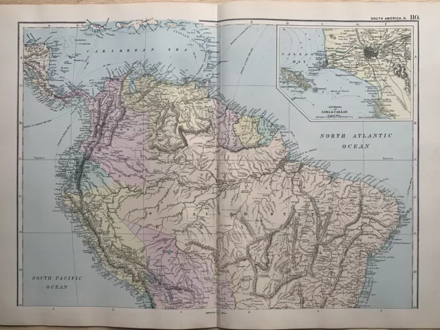 1891 South America Hand (North Part) Coloured Original Antique Map by G.W. Bacon