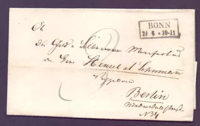 Markenlose Faltbrief-Hülle 1853 mit Stempel BONN nach Berlin (618)
