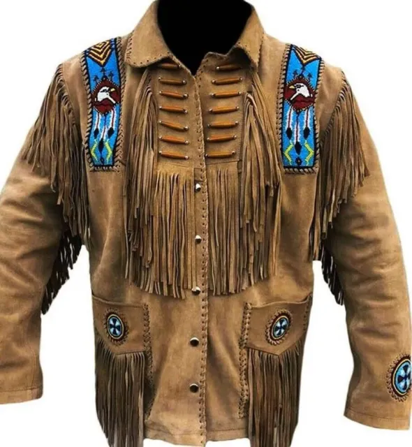 Men Native Western Cowboy Suede Leather Eagle Beads Jacket Coat Fringe 10 colors