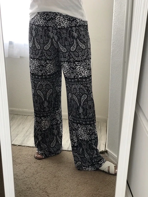 Boho AB Studio Black White Elastic Waistband Paisley Wide Leg Pants Women Large