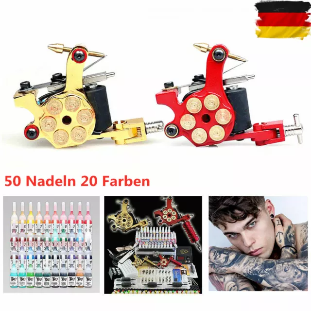 Komplett Tattoo Set Tätowierung Tattoo Kit 2 Tattoo maschine 50 Nadeln 40 Inks 3