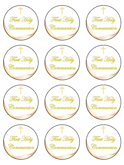 FIRST HOLY COMMUNION Gold Religious Edible Cupcake Toppers Wafer Or first-holy-communion-gold-religious-edible-cupcake-toppers-wafer-or