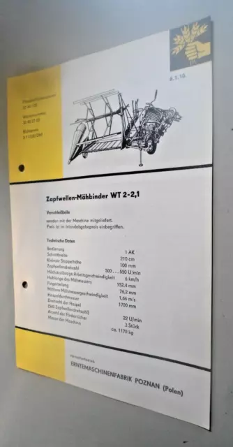 Altes Datenblatt, Verkaufsprospekt Zapfwellen-Mähbinder WT 2-2,1 DDR LPG