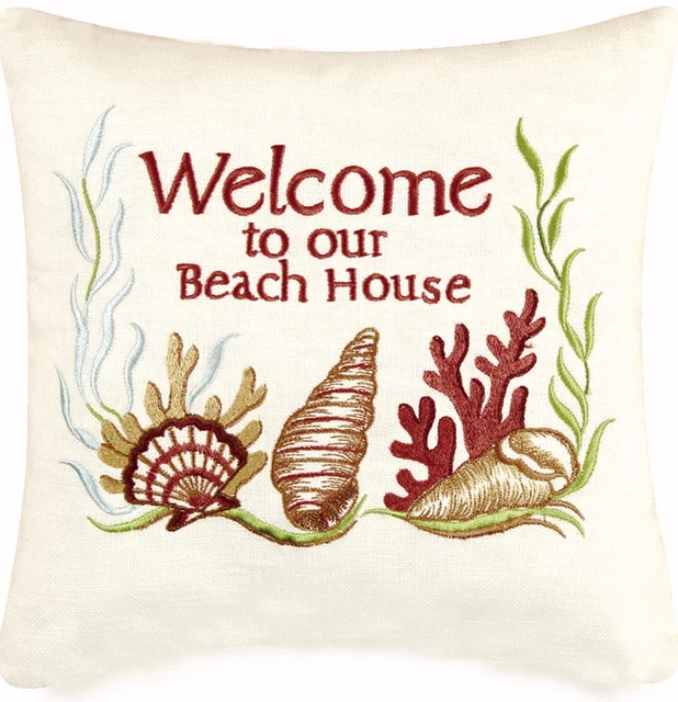 Almohada de acento bordada de lino lino de 10 pulgadas Welcome to Beach House