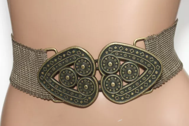 Chico's Beige Stretch Belt - Cool Geometric Motifs Buckle - Size M - 35" Long
