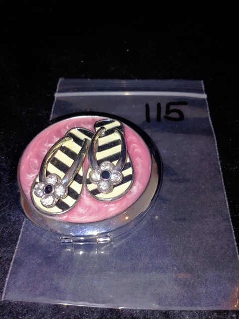 Vintage Silver Metal Mirror Compact with Flip Flop Design #0115 Great Condition
