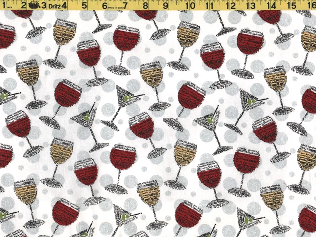 WHITE WINE, RED WINE, MARTINI Fabric, 100% Cotton, Cocktail Fabric  By the Yard
