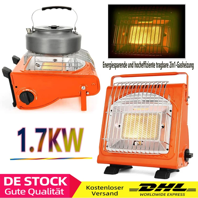 2in1 Tragbare Gasheizung Camping Butan Gas Kocher Keramik 1,7KW Campingheizung