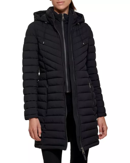 $250 DKNY Hooded Quilted Bib Packable Coat Puffer L Black