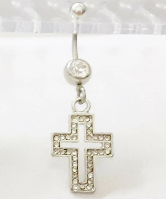 Belly Ring Cross Open Covered in Clear Gems Dangle Naval Steel Body Jewelry