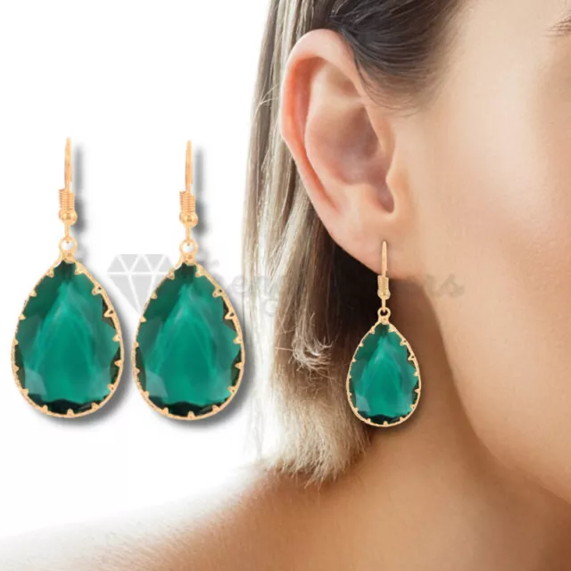 18ct Gold Plated Green Rhinestone Teardrop Crystal Drop Dangle Earrings Jewelry