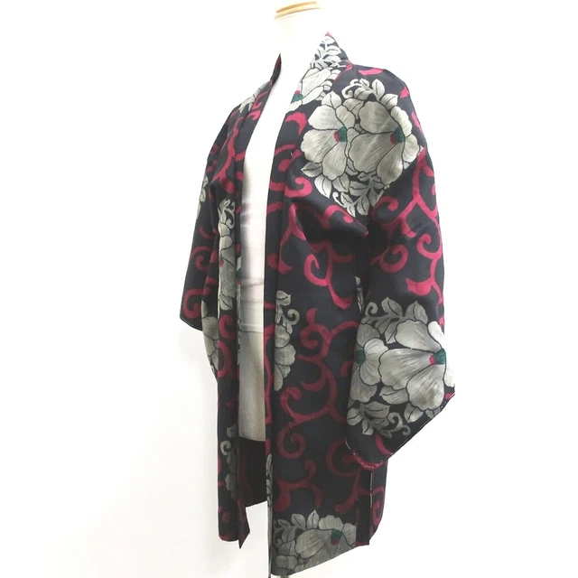 8979C3 Silk Vintage Japanese Kimono Haori Jacket Meisen Karakusa Camellia