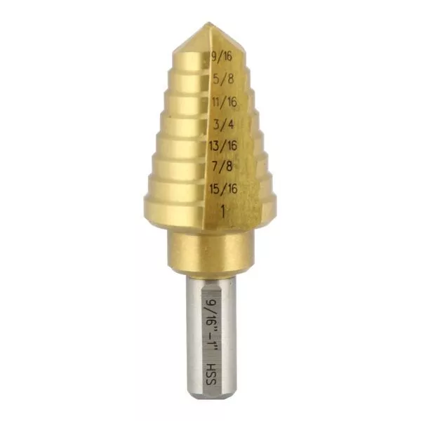 Unibit 9/16" to 1" 8-Position Titanium Step Drill, 3/8" Shank, M2 HSS Material