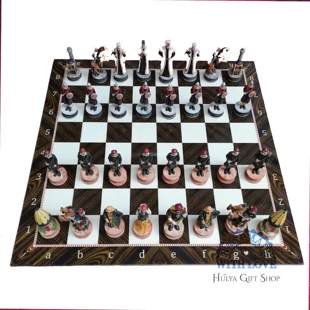 Chess Set Hungarian vs Ottoman Hand Painted Chess Pieces and Walnut Game Board 7