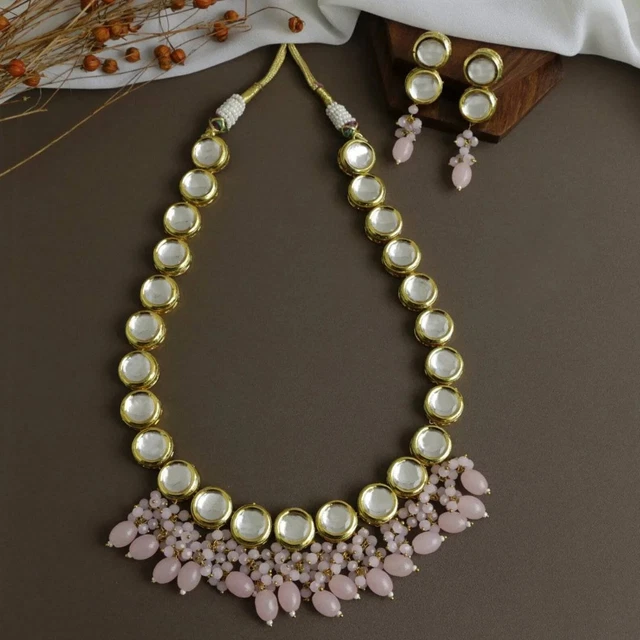 Indian kundan beaded necklace gold plated traiditonal ethnic wedding jewelry