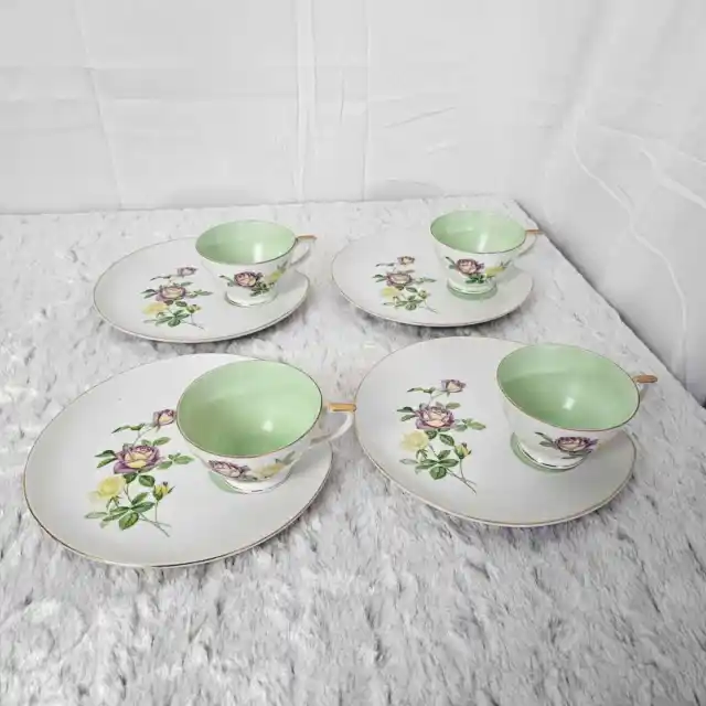 Lefton China Hand Painted Snack Plates Tea Cups Pastel Dark Green Roses 8 Pieces