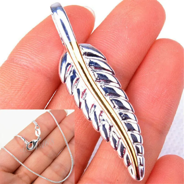 925 Sterling Silver/18K Gold Feather Shape Pendant + 16~38" Snake Chain Necklace