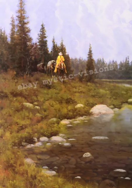 Jim Rey BETWEEN MOUNTAIN SHOWERS S/N Cowboy Slicker Western Pack horse Art Print