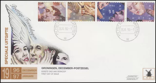 Países Bajos: Navidad 1996, 4 valores en joyería-FDC Groningen 26.11.96