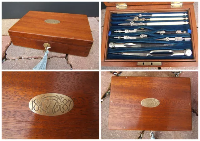 19C Antique Dated 1887  Mahogany  Technical Drawing Box - Wonderful Interior