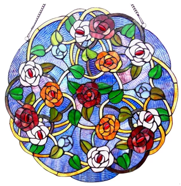 24" x 24" Victorian Round Floral Tiffany Style Stained Glass Window Panel
