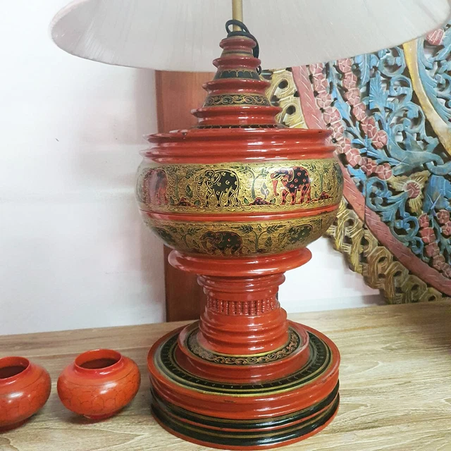 Lacquerware Lamp Myanmar Food Offering Traditional Stupa Shaped Hand Painted 2