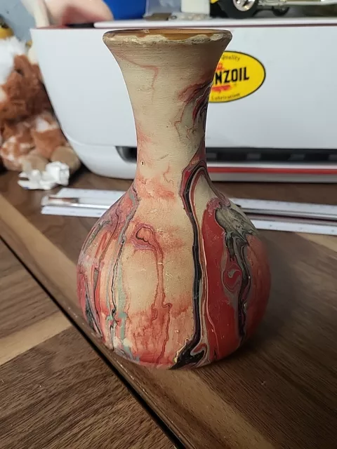 Vintage Nemadji #119 Native Clay Pottery Vase Red, Turquoise & Black Swirl 6.25”