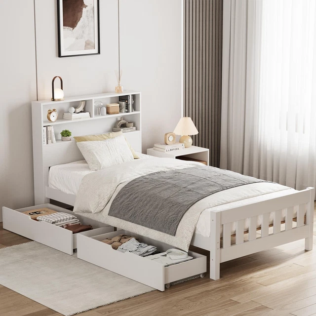 WOODEN SOLID BED Frame with Drawers Single White Storage Bed Furniture ...