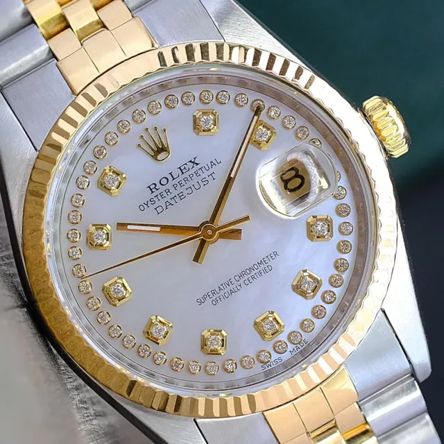 Mens Rolex Datejust 18K Gold Stainless Steel White Diamond Dial 36Mm Watch 16233