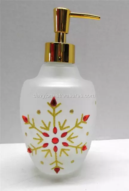 Christmas Bath Soap Dispenser Frosted Glass w GLITTER Snowflakes Red Rhinestones