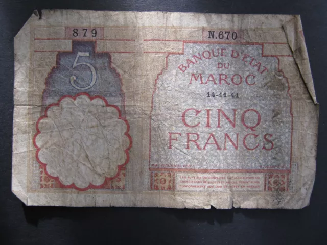 Morocco 1941 5 Francs banknote Fair N670879