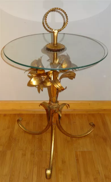 MidCentury Hollywood Regency Italian Gold Tole Lilies Glass Top Cocktail Table