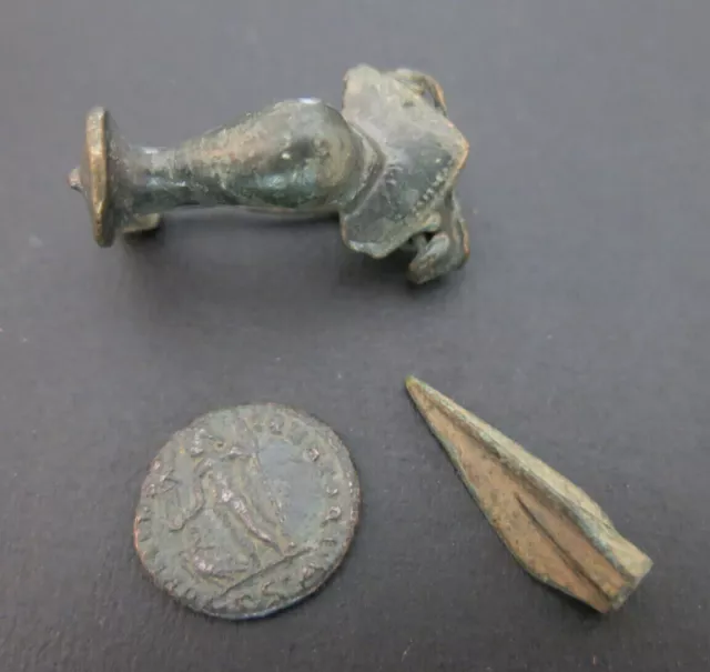 Ancient Roman Bronze Fibula +  Arrow head + Roman Coin 3