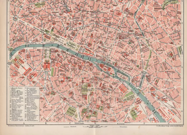 PARIS Louvre Pantheon Champs-Élysées Arc de Triomphe STADTPLAN von 1894 MAP 2