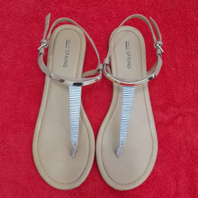 Call It Spring Thong Flat Sandals Ankle Strap Size 8.5 Beige, Blue White Stripe