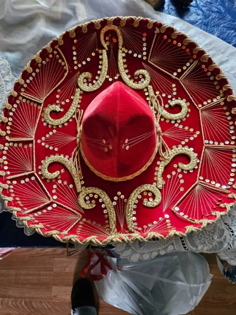 Mexican Mariachi Sombrero Large Red Velvet & Gold Sequins Paris 1900 Roma 1898