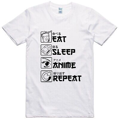 Mens Anime T Shirt Funny Design Eat Sleep Repeat Regular Fit 100% Cotton Tee