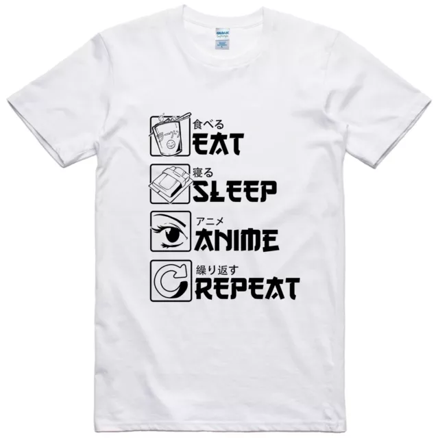 Mens Anime T Shirt Funny Design Eat Sleep Repeat Regular Fit 100% Cotton Tee