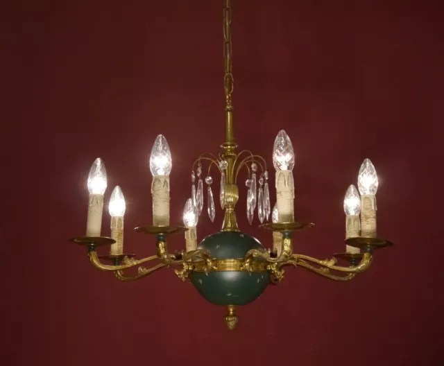 Medium Empire 8 Light Brass Chandelier Green Varnish French Ceiling Lamp Ø 24"