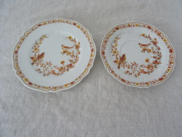 2 Assiettes  Haviland 700323 fleurs oiseaux orange brun Limoges 2