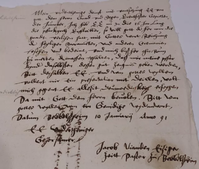 Brief Bebelsheim (Mandelbachtal) 1591: Pastor J. Vianden an Johann von der Leyen