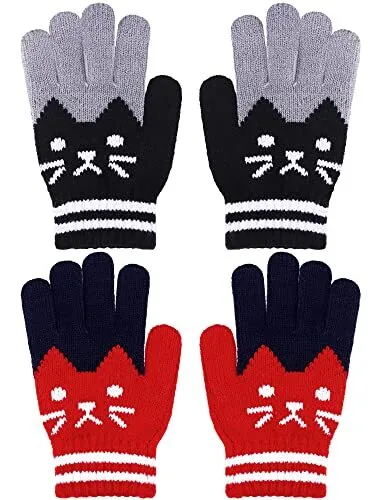 2 Pairs Kids Winter Gloves Full Finger Knitted Gloves Warm Stretchy Black, Red