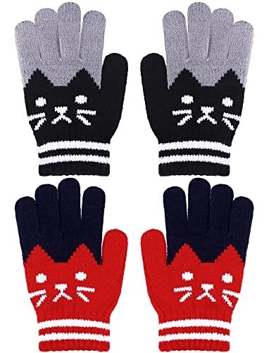 2 Pairs Kids Winter Gloves Full Finger Knitted Gloves Warm Stretchy Black, Red