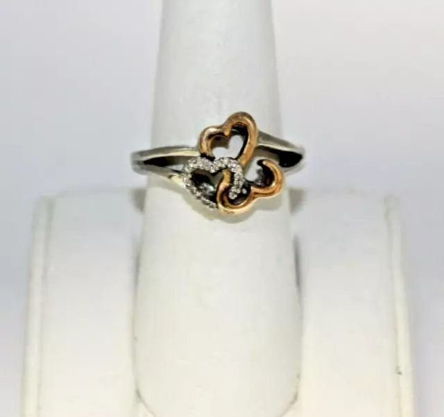 Jane Seymour JWBR 925 Silver / 14K Diamond Open Hearts Ring Size 6.5 [043WJm]