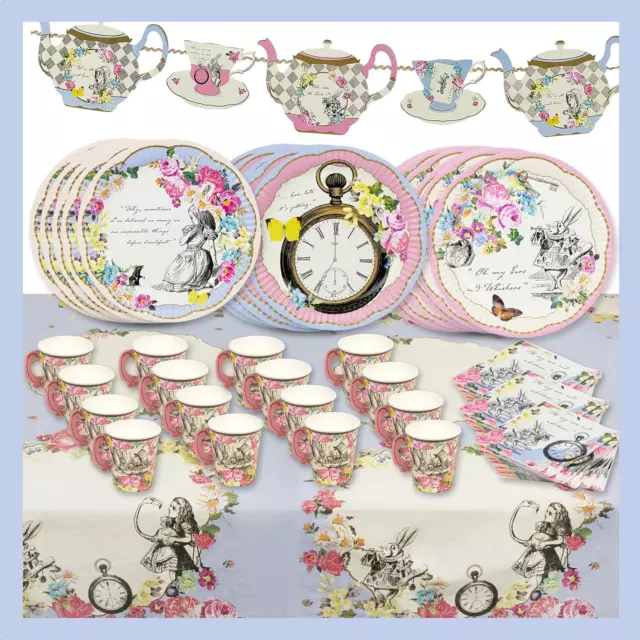 Alice in Wonderland Party Decorations & Tableware for 16 Guests, Plates Napkins