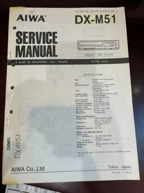 AIWA DX-M51 DXM51 CD PLAYER epair Service Manual FROM THE USA **ORIGINAL**