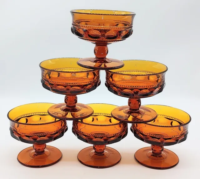 Set of 6 Vintage Amber Indiana Glass Kings Crown Thumbprint Champagne Sherbet