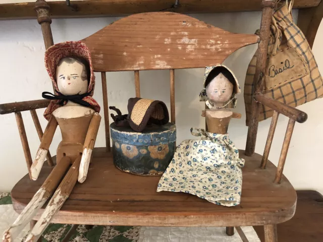 Antique Wooden Peg Doll With Handmade Hats And Hat Box