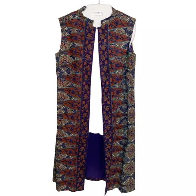 Womens Long Duster Vest Small Boho Bohemian Print Artsy Ethnic Mandarin Collar