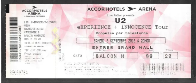 Rare / Ticket Billet De Concert - U2 : Live A Paris ( France ) 2018 Bono